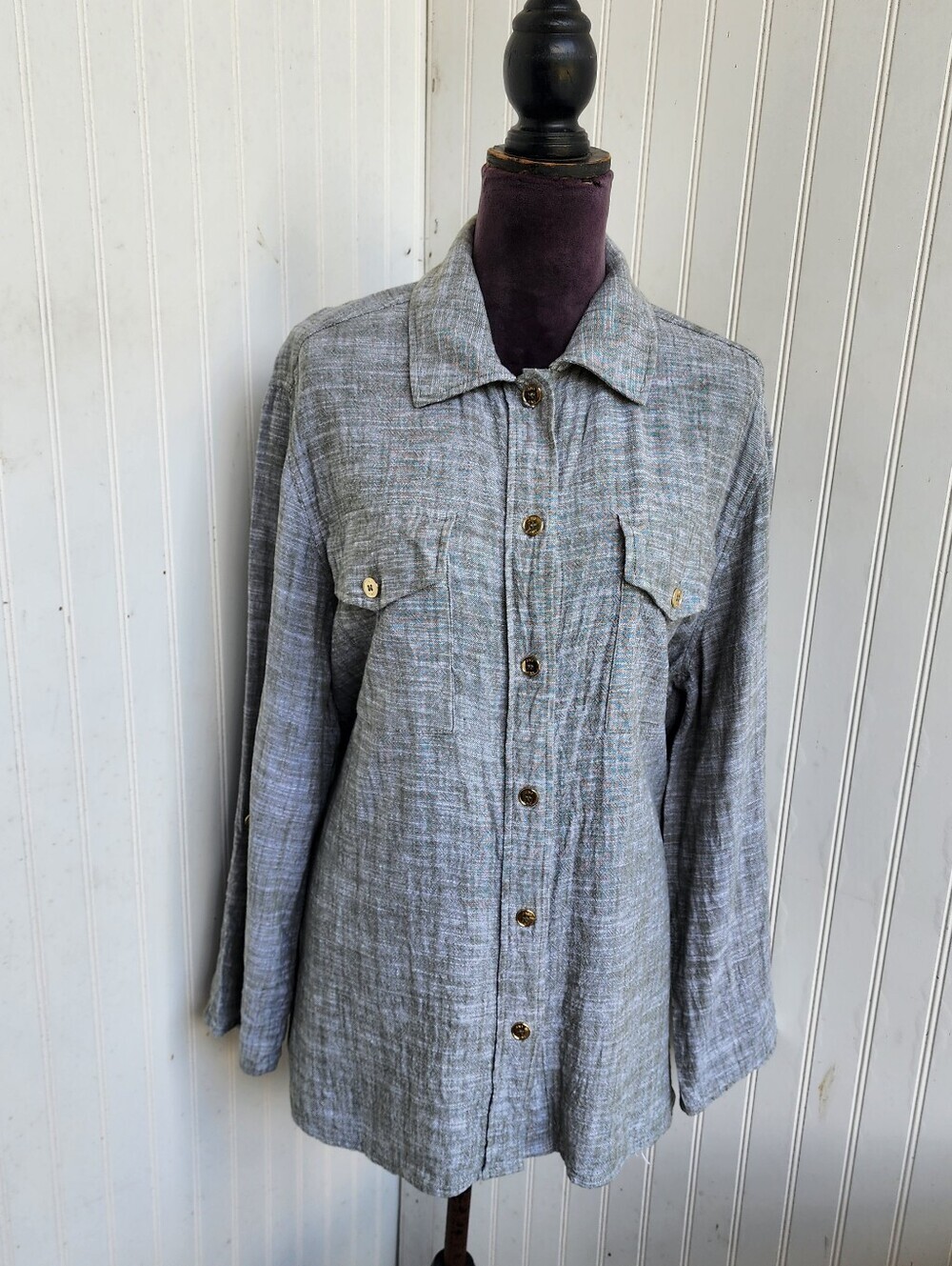 Jones New York Women's Linen Viscose Utility Green Button Front Shirt Top Sz M